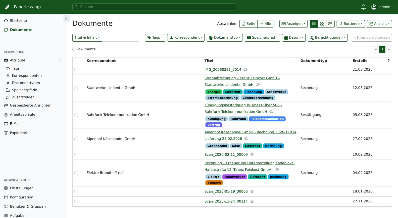 Document list in Paperless-ngx after applying: meaningful titles, correspondents, document types and colored tags
