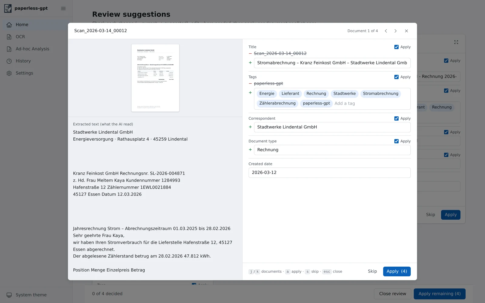 paperless-gpt detail view: scan preview and recognized text on the left, editable suggestions on the right
