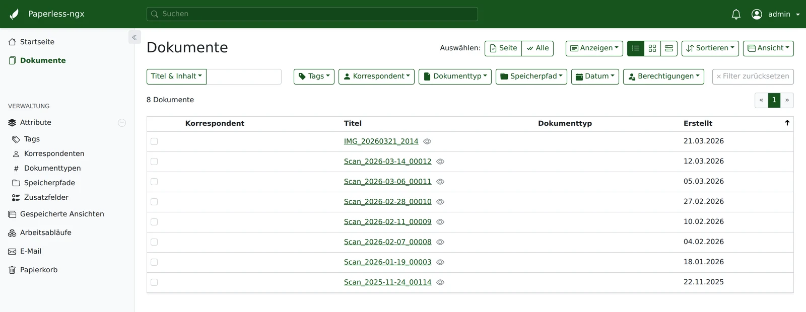 Document list in Paperless-ngx showing freshly scanned documents without title, correspondent and tags