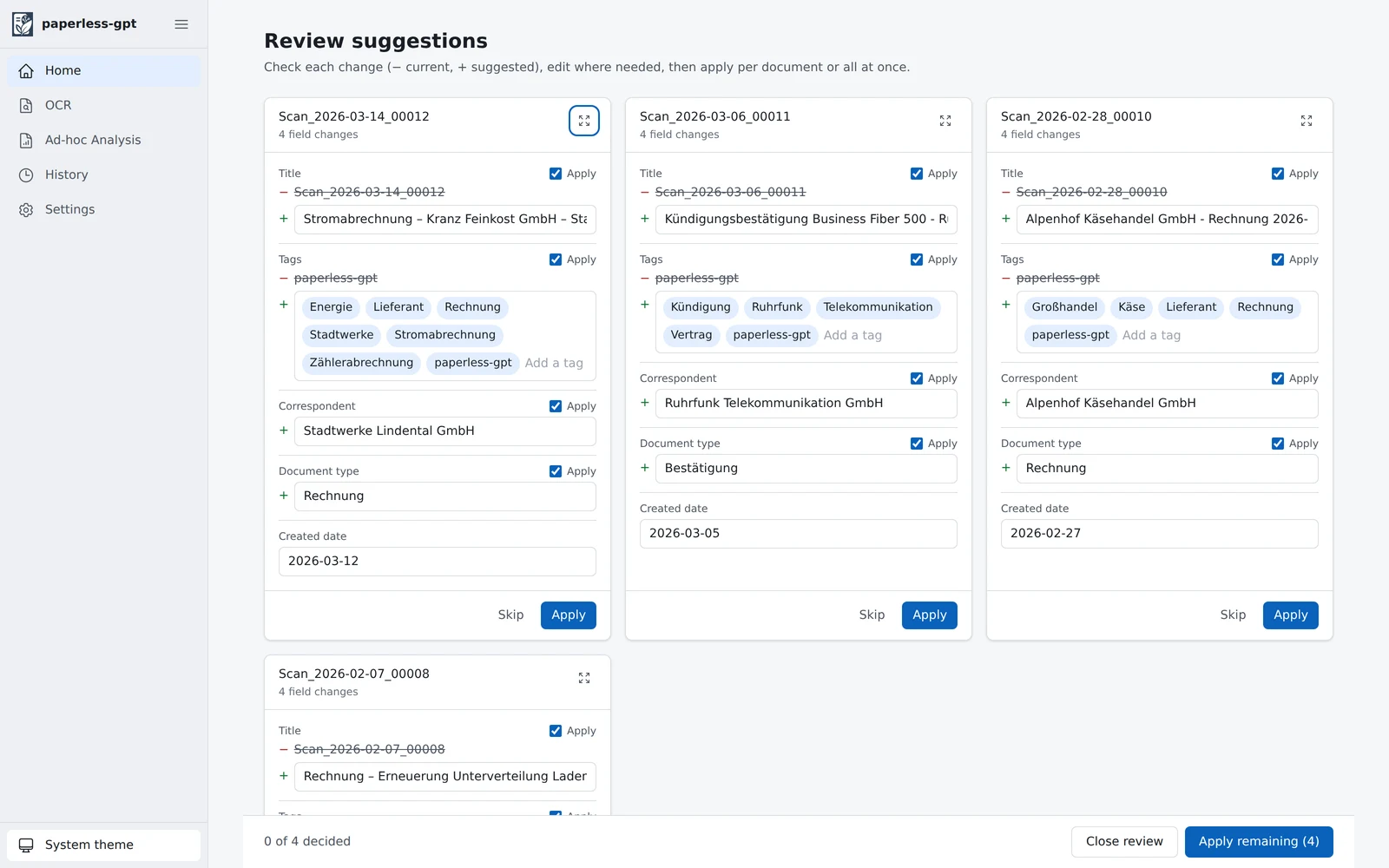 paperless-gpt review view with the suggested metadata per document and checkboxes to apply them