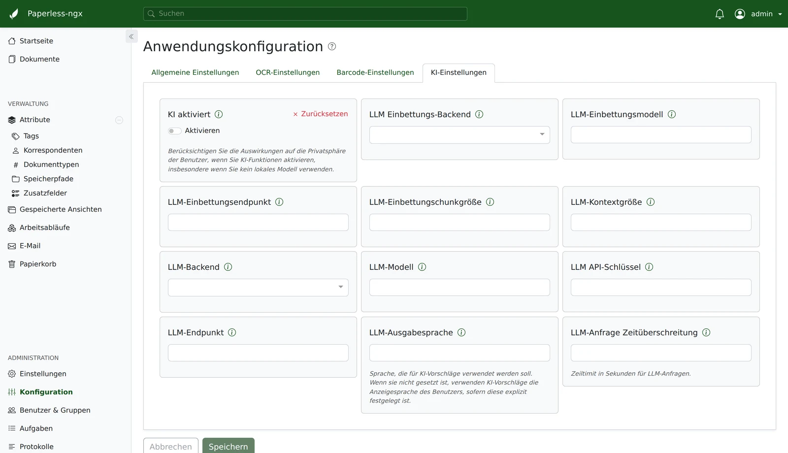 AI settings in Paperless-ngx 3.0 with the AI toggle and the fields for LLM backend, model and endpoint