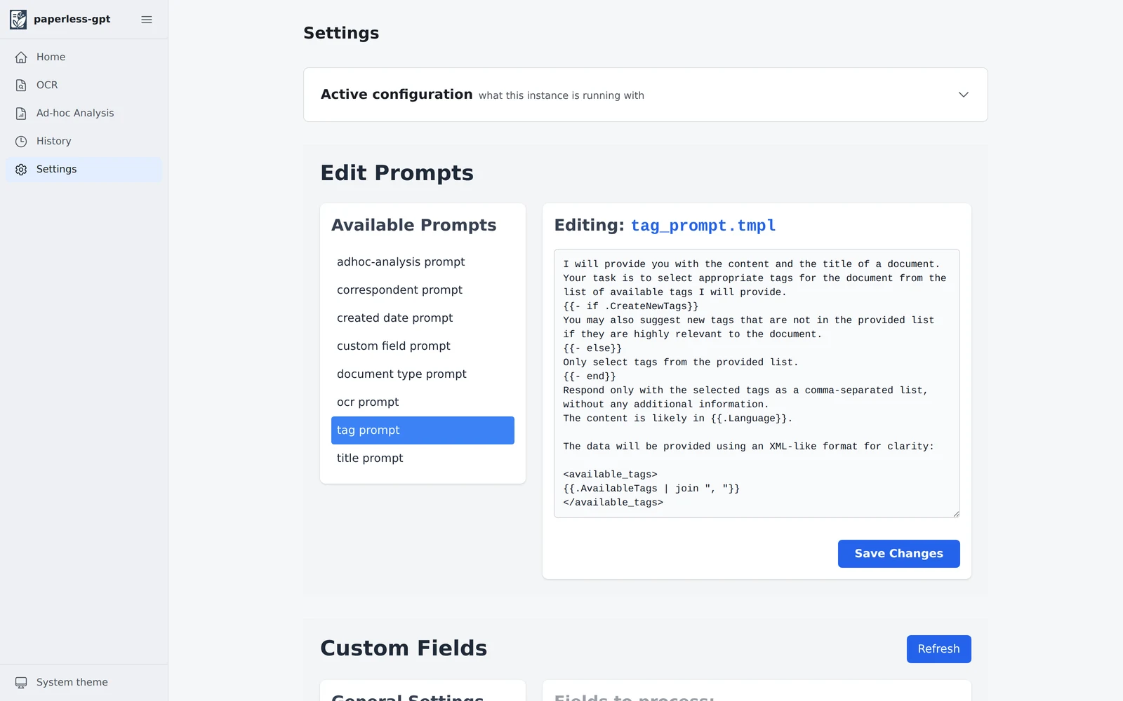 Einstellungsseite von paperless-gpt mit der Liste der verfügbaren Prompts und dem Editor für den Tag-Prompt