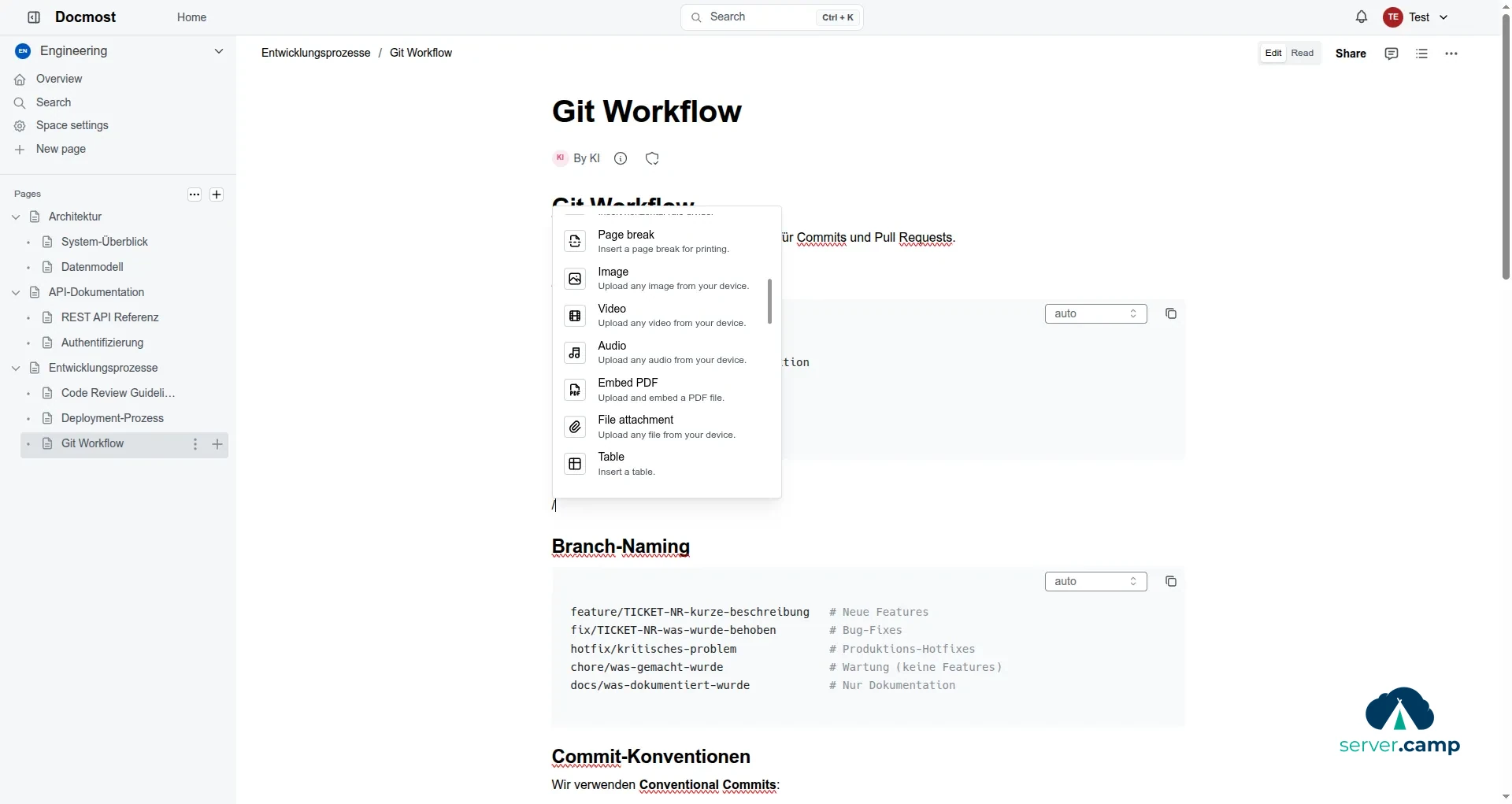 Blockbasierter Editor mit Slash-Befehl zum Einfügen von Bildern, Tabellen, Code und mehr