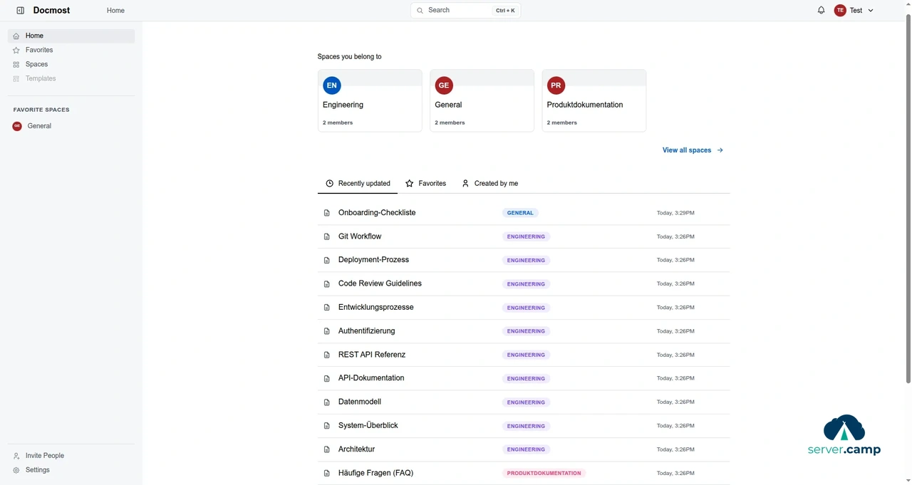 Docmost: Persönliches Dashboard mit Übersicht über Spaces und zuletzt bearbeitete Seiten