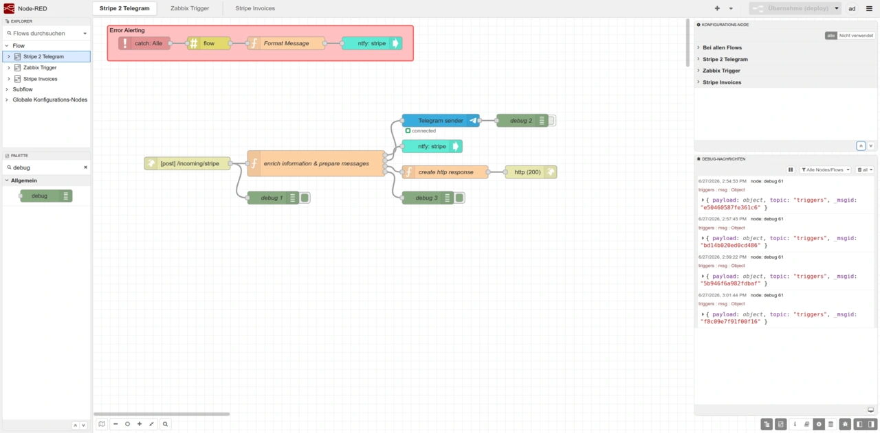 Screenshot des Node-RED-5-Editors mit Explorer links, Flow auf der Arbeitsfläche und geteilter Sidebar mit Information und Debug rechts