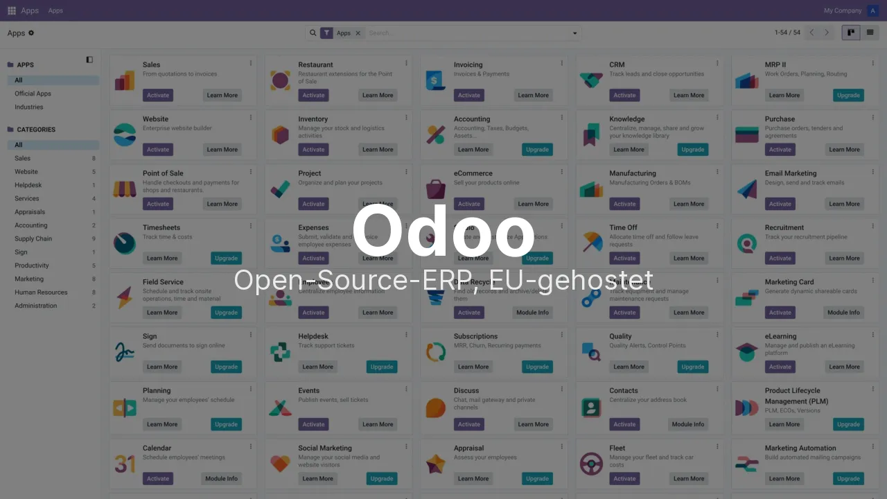 Odoo-App-Übersicht mit zahlreichen Modulen wie CRM, Buchhaltung, Lager und Projektmanagement – das Open-Source-ERP als managed Service