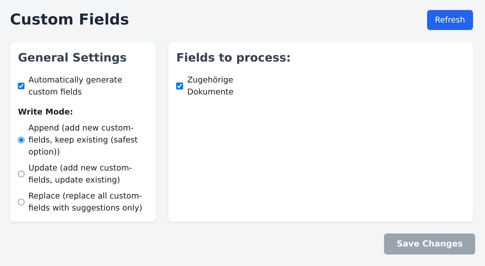 Einstellungen in paperless-gpt: Bereich „Custom Fields“ mit aktivierter automatischer Generierung, den drei Schreibmodi Append, Update und Replace sowie dem ausgewählten Feld „Zugehörige Dokumente“