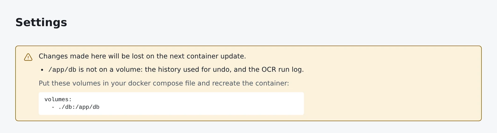 Warnhinweis in den Einstellungen von paperless-gpt 0.30: /app/db liegt nicht auf einem Volume, darunter die Zeile, die in die docker-compose-Datei gehört