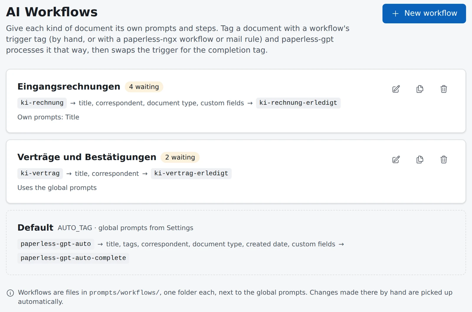 Übersicht „AI Workflows“: „Eingangsrechnungen“ mit vier und „Verträge und Bestätigungen“ mit zwei wartenden Dokumenten, darunter der Standardweg