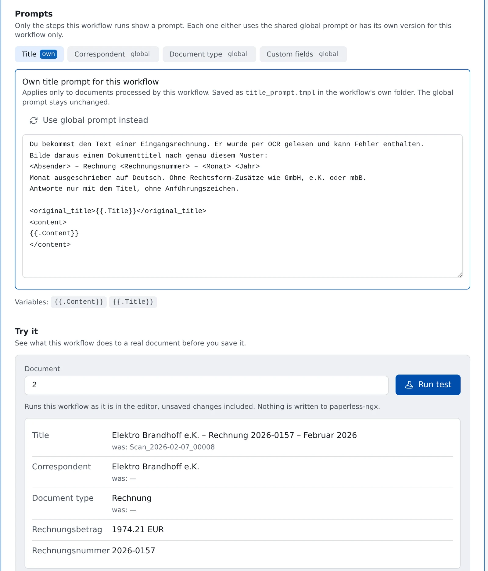 Eigener Titel-Prompt des Workflows und das Ergebnis des Testlaufs auf einer Handwerkerrechnung: Titel mit Rechnungsnummer und Monat, Korrespondent, Dokumenttyp, Rechnungsbetrag und Rechnungsnummer