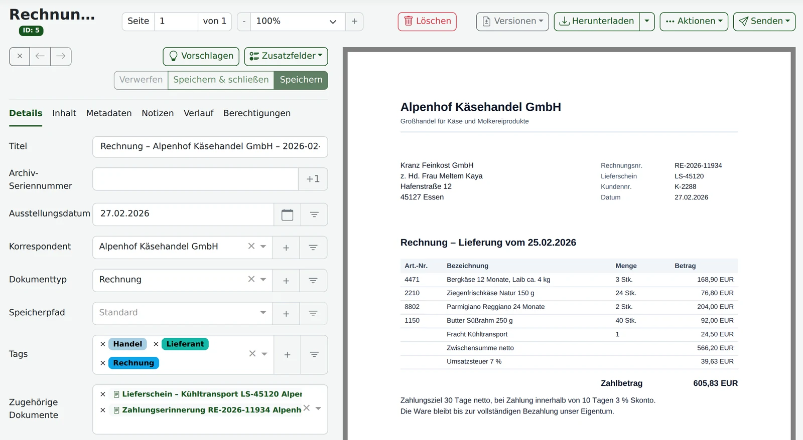 Detailansicht einer Rechnung in Paperless-ngx: Im Zusatzfeld „Zugehörige Dokumente“ stehen der passende Lieferschein und die Zahlungserinnerung, rechts die Vorschau der Rechnung mit Rechnungs- und Lieferscheinnummer