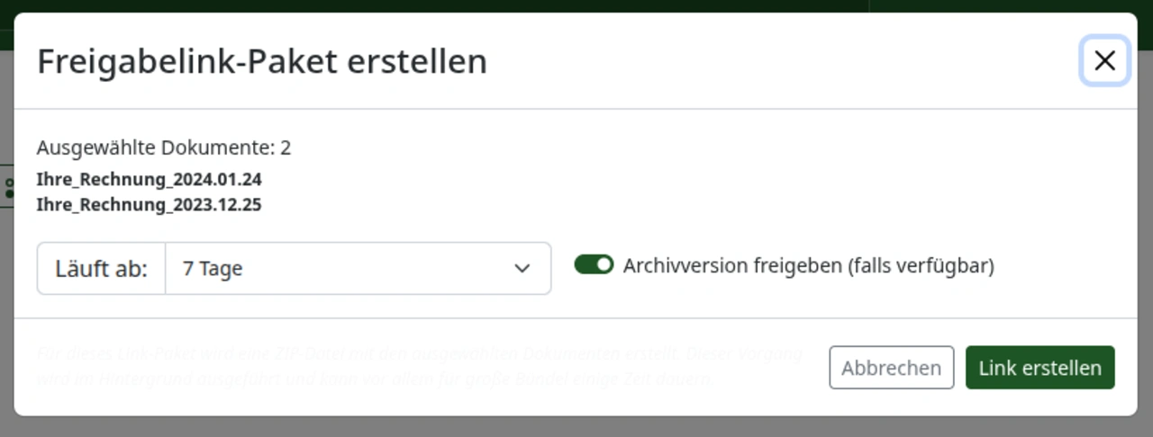 Es lassen sich nun auch beliebig viele Dokumente in einem Freigabelink-Paket an externe Personen freigeben.