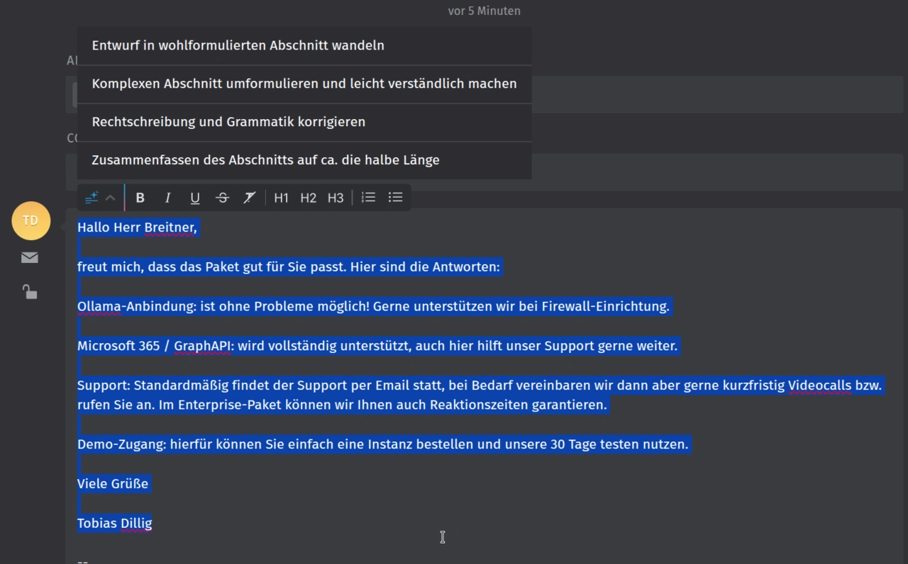 Screenshot: KI-Antworten in Zammad 7