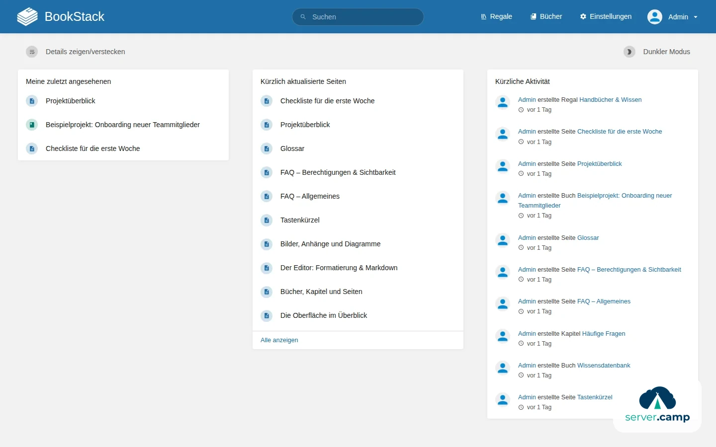 Persönliches Dashboard mit zuletzt angesehenen Seiten und aktueller Aktivität