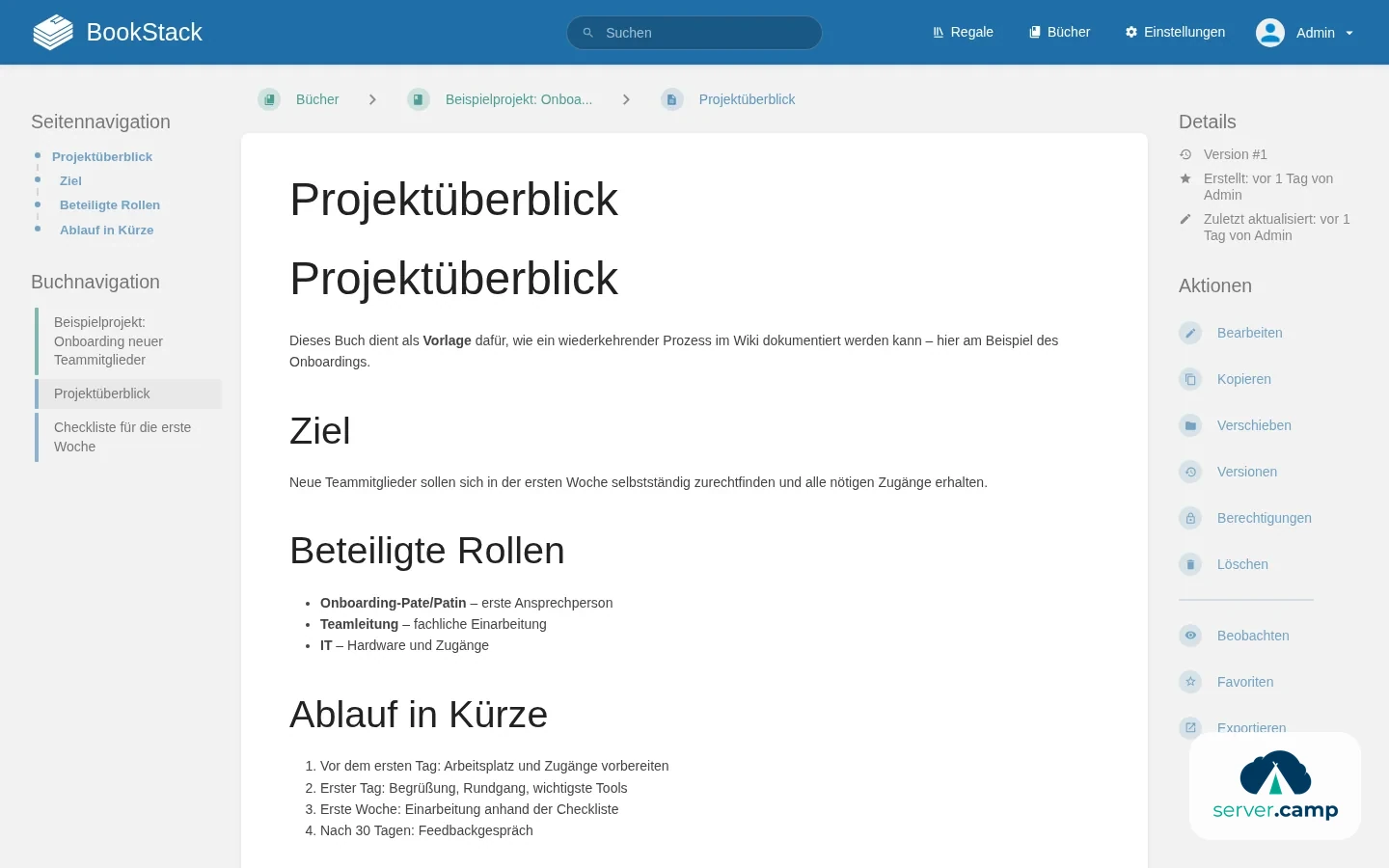 Seitenansicht mit Navigation, Inhaltsverzeichnis und Versionsdetails