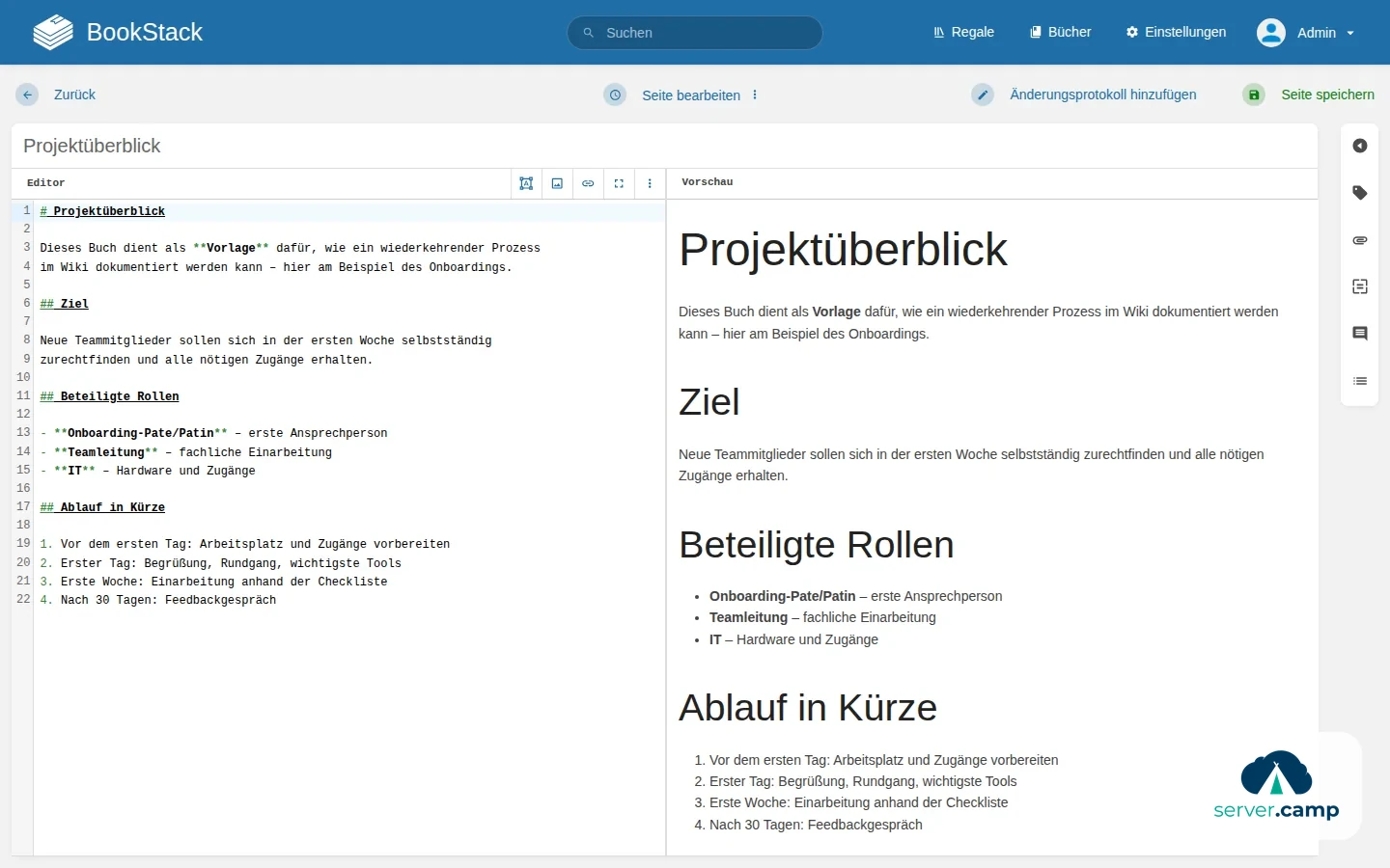 Integrierter Editor mit Markdown und Live-Vorschau
