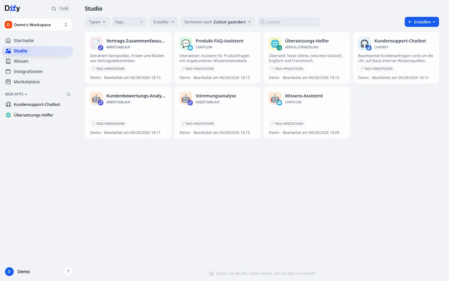 Übersicht aller KI-Apps im Studio – Workflows, Chatflows und Assistenten