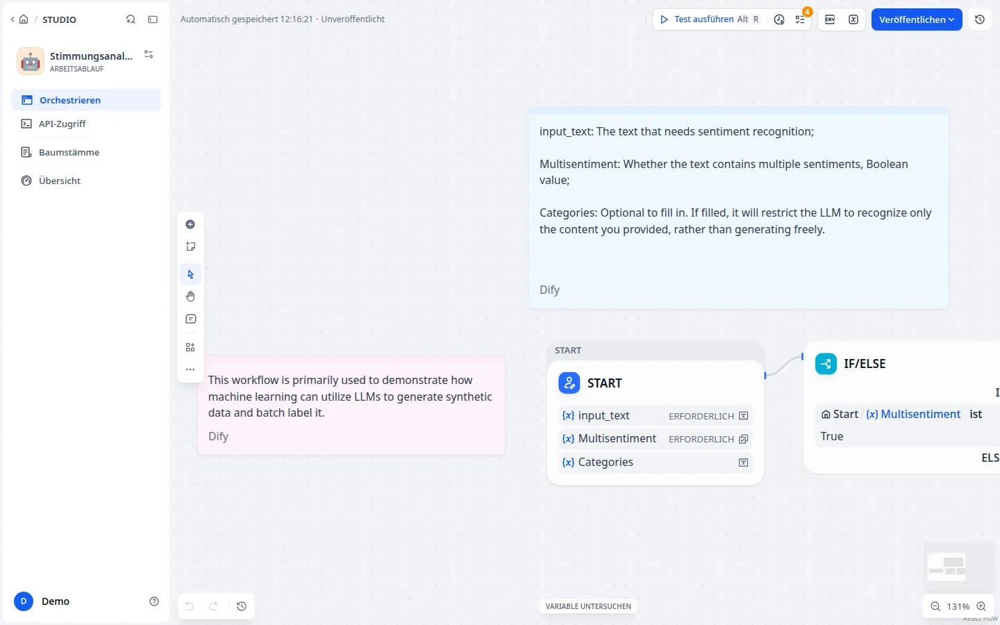 Visueller Workflow-Editor zum Verketten von KI-Bausteinen per Drag-and-drop