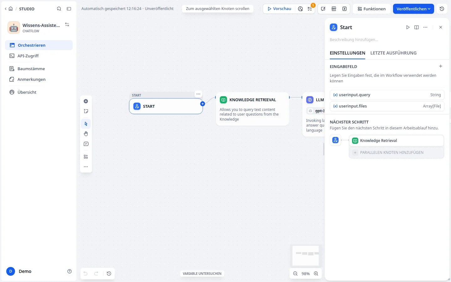 Chatflow mit Wissensabruf, LLM-Knoten und Konfiguration je Baustein