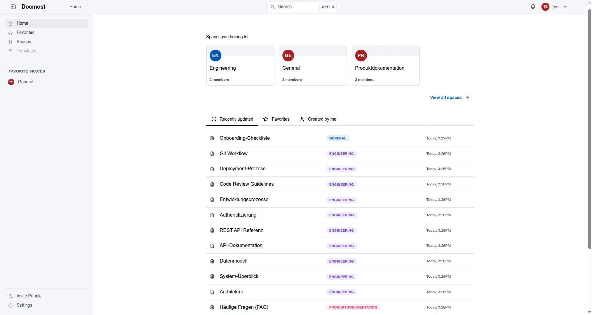 Persönliches Dashboard mit Übersicht über Spaces und zuletzt bearbeitete Seiten
