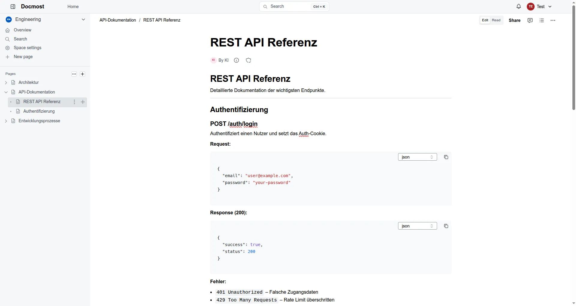 Strukturierte Wissensseite mit Rich-Text Editor inklusive Code-Blöcken und Syntax-Highlighting