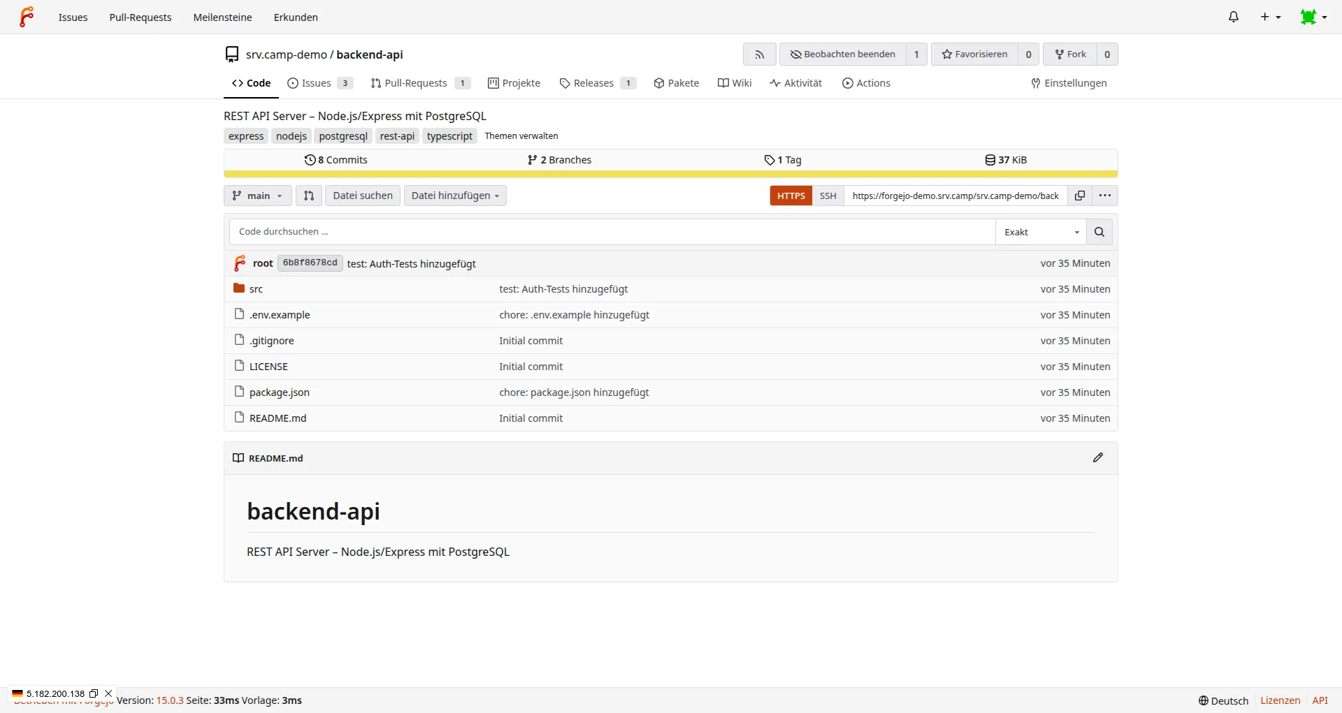 Repository-Ansicht mit Dateibrowser, README und Clone-URLs per HTTPS und SSH