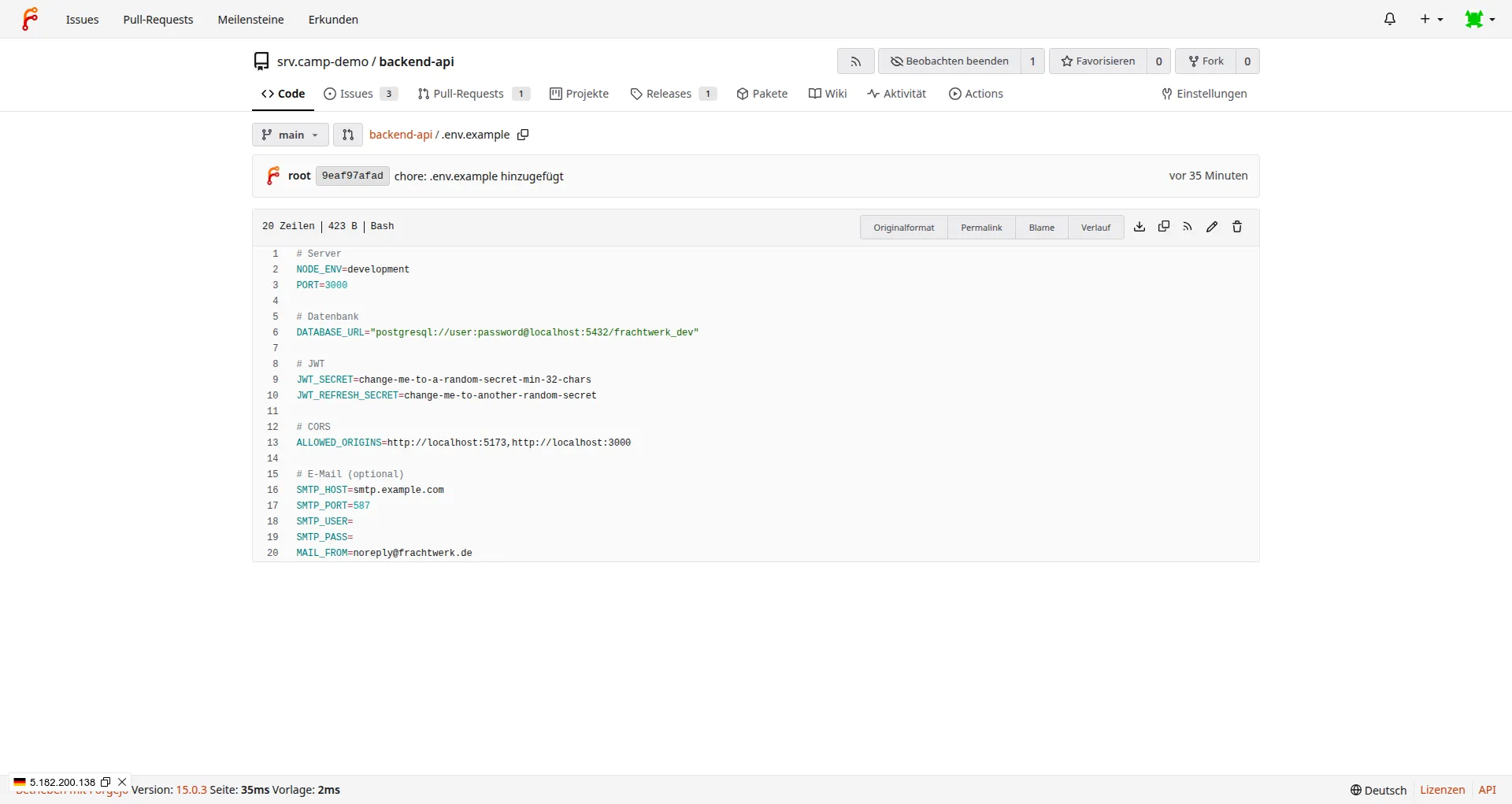 Datei-Ansicht mit Syntax-Highlighting, Blame und Versionsverlauf