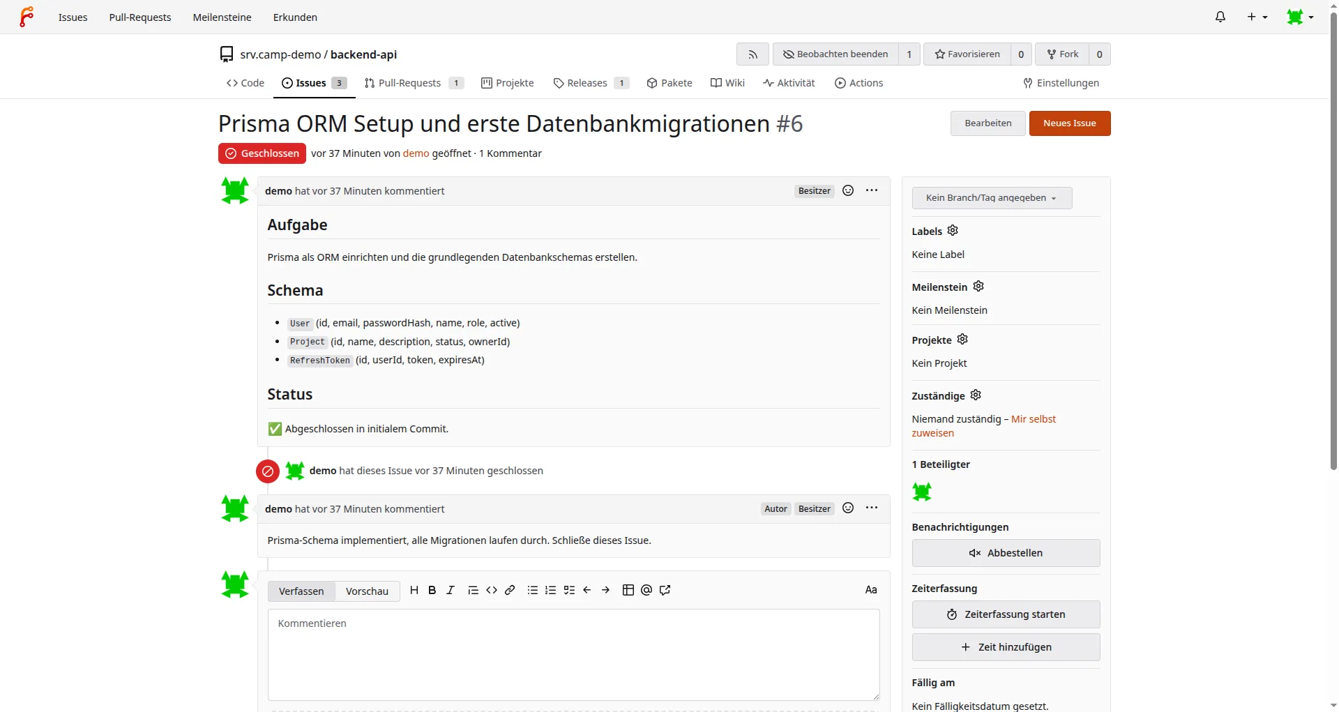 Integriertes Issue-Tracking mit Beschreibung, Labels, Meilensteinen und Zuständigen