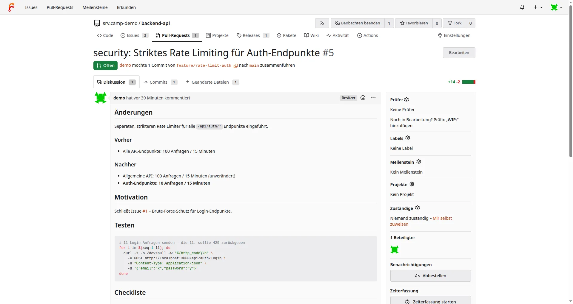 Code Review über Pull Requests mit Diff-Übersicht und Diskussion