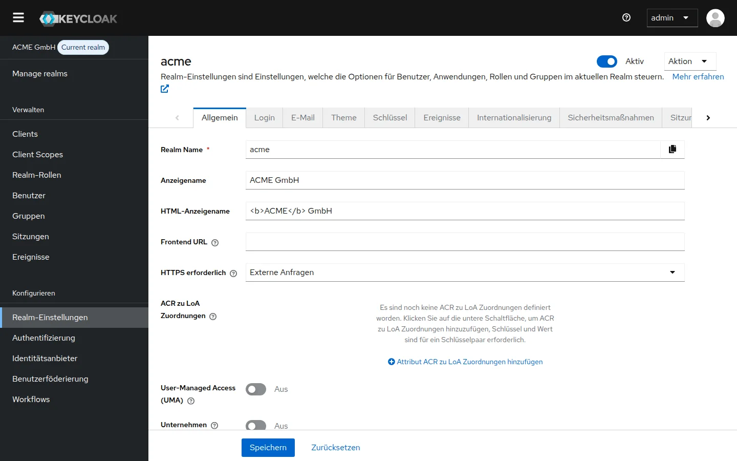Realm-Einstellungen: zentrale Konfiguration für Login, Sicherheit und Internationalisierung