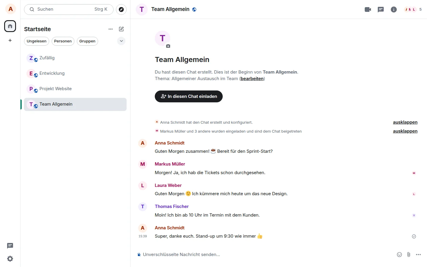Team-Chat mit Nachrichten, Räumen und Dateifreigabe im Element-Client