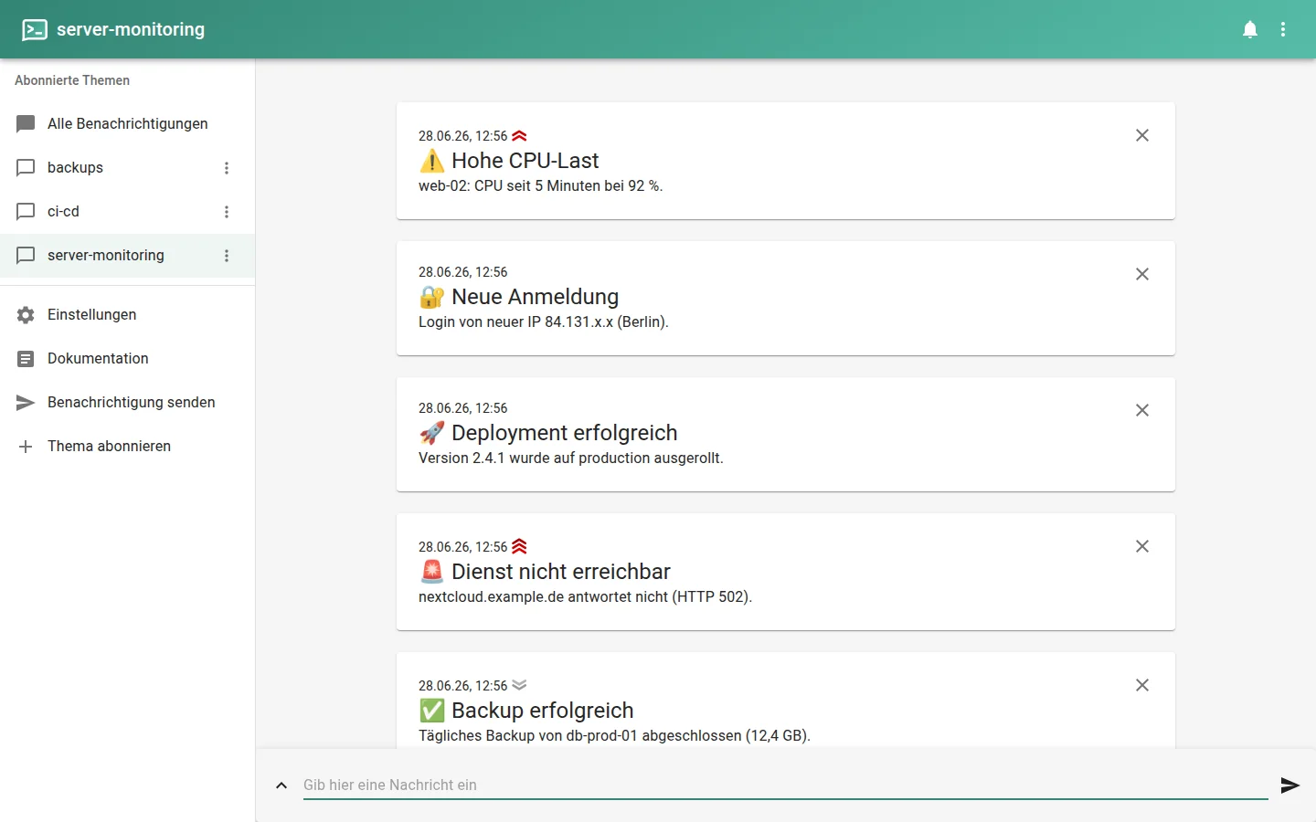 Web-App mit eingehenden Push-Benachrichtigungen für Server-Monitoring