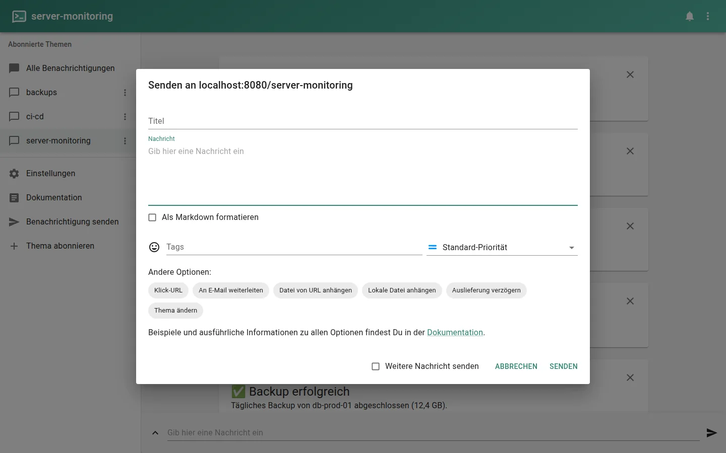 Benachrichtigung per Web-Oberfläche senden – mit Titel, Tags und Priorität