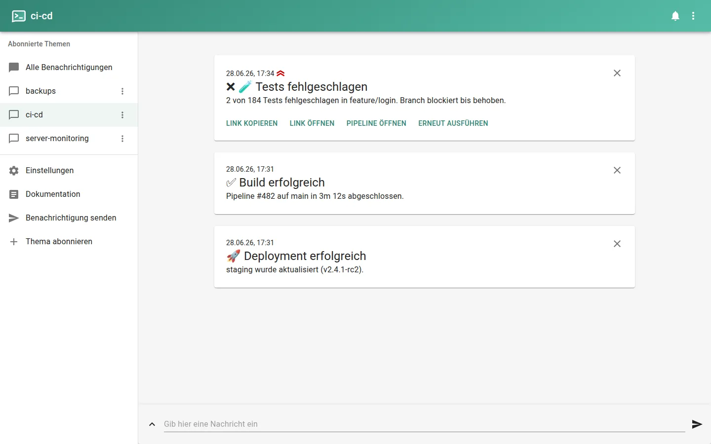 Benachrichtigungen mit Aktions-Buttons, Klick-Link, Tags und Priorität
