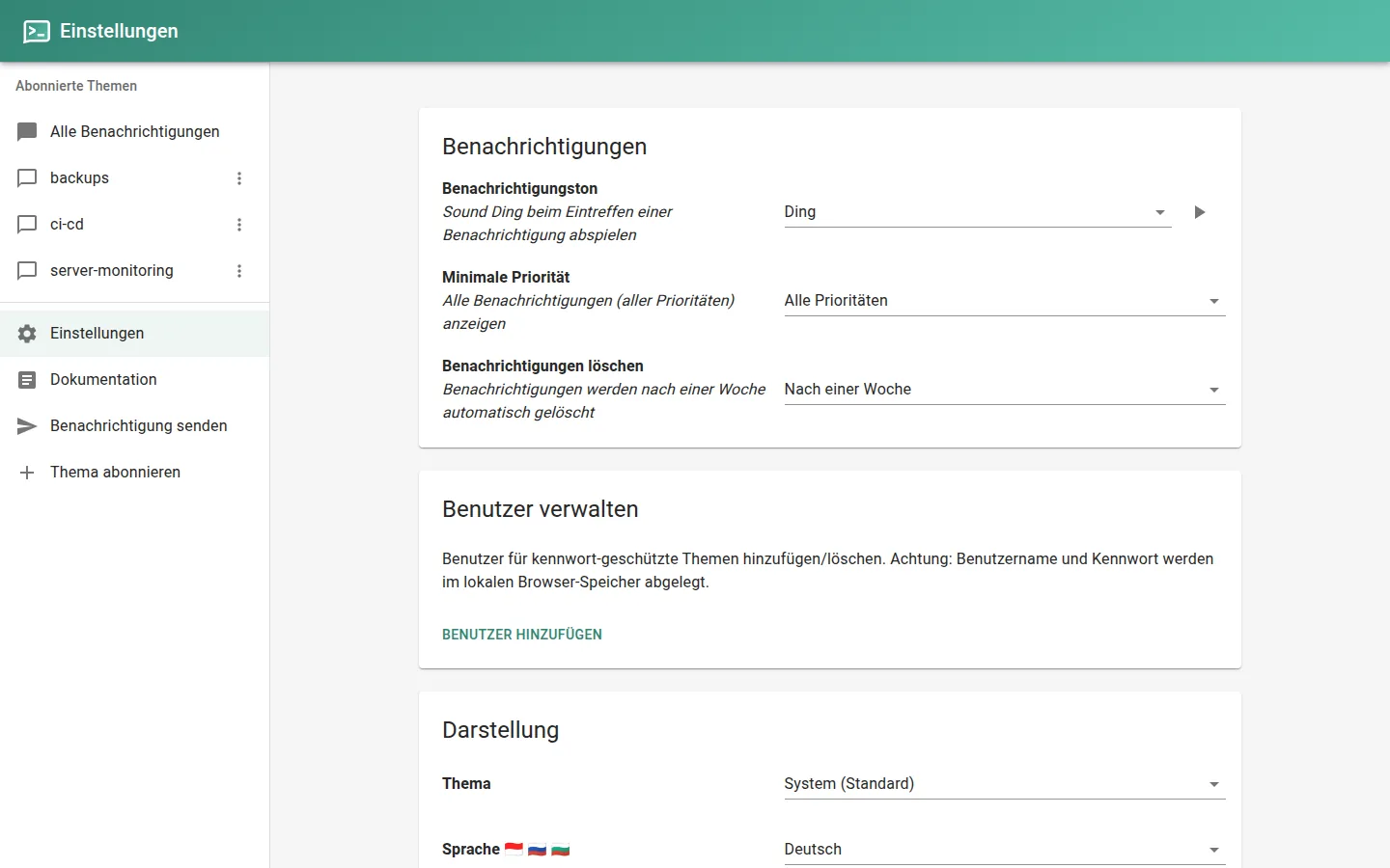 Einstellungen: Benachrichtigungston, Priorität, Aufbewahrung, Sprache und Benutzerverwaltung