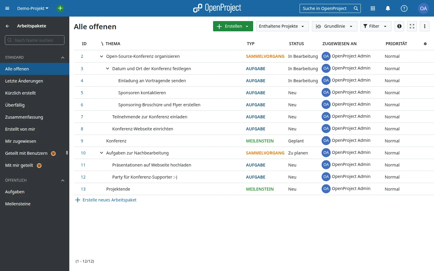 Arbeitspakete als Tabelle mit Typen, Status und Zuständigkeiten