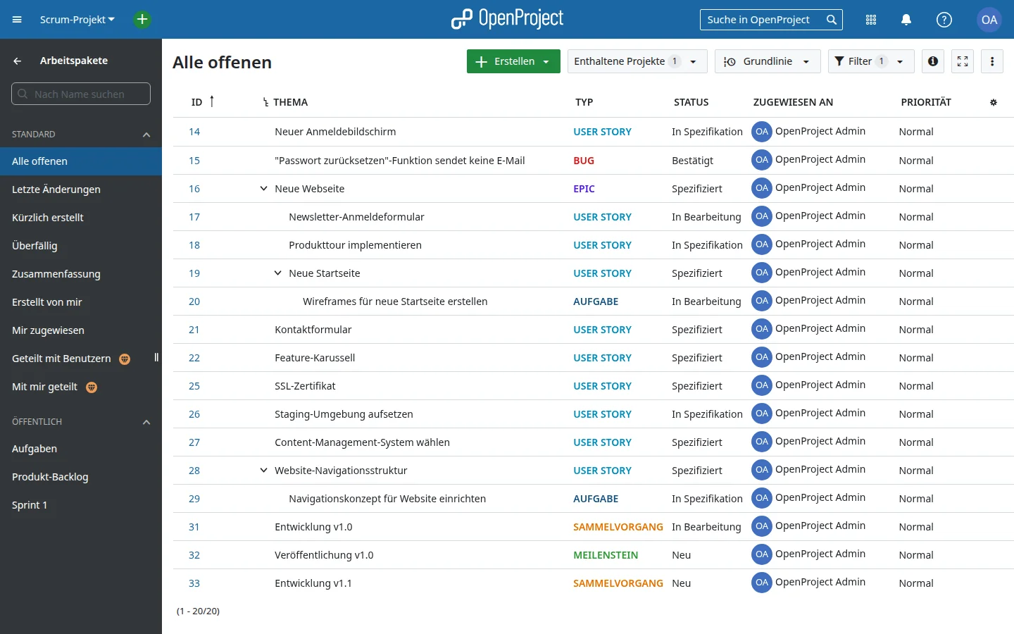 Agiles Backlog mit Epics, User Stories und Aufgaben