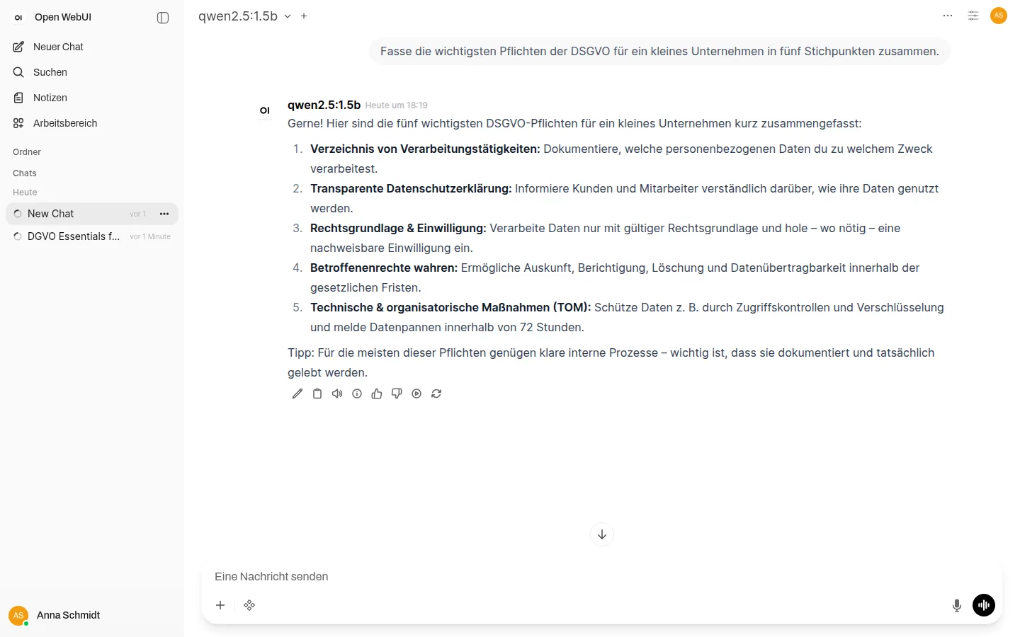 KI-Chat über eine vertraute Oberfläche – hier eine DSGVO-Zusammenfassung für ein KMU