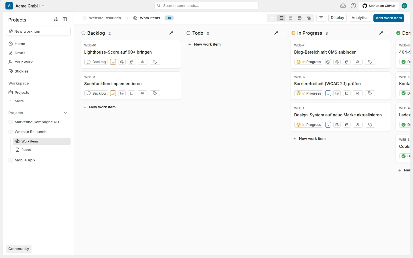 Kanban-Board mit Aufgaben nach Status – Backlog, In Bearbeitung, Erledigt