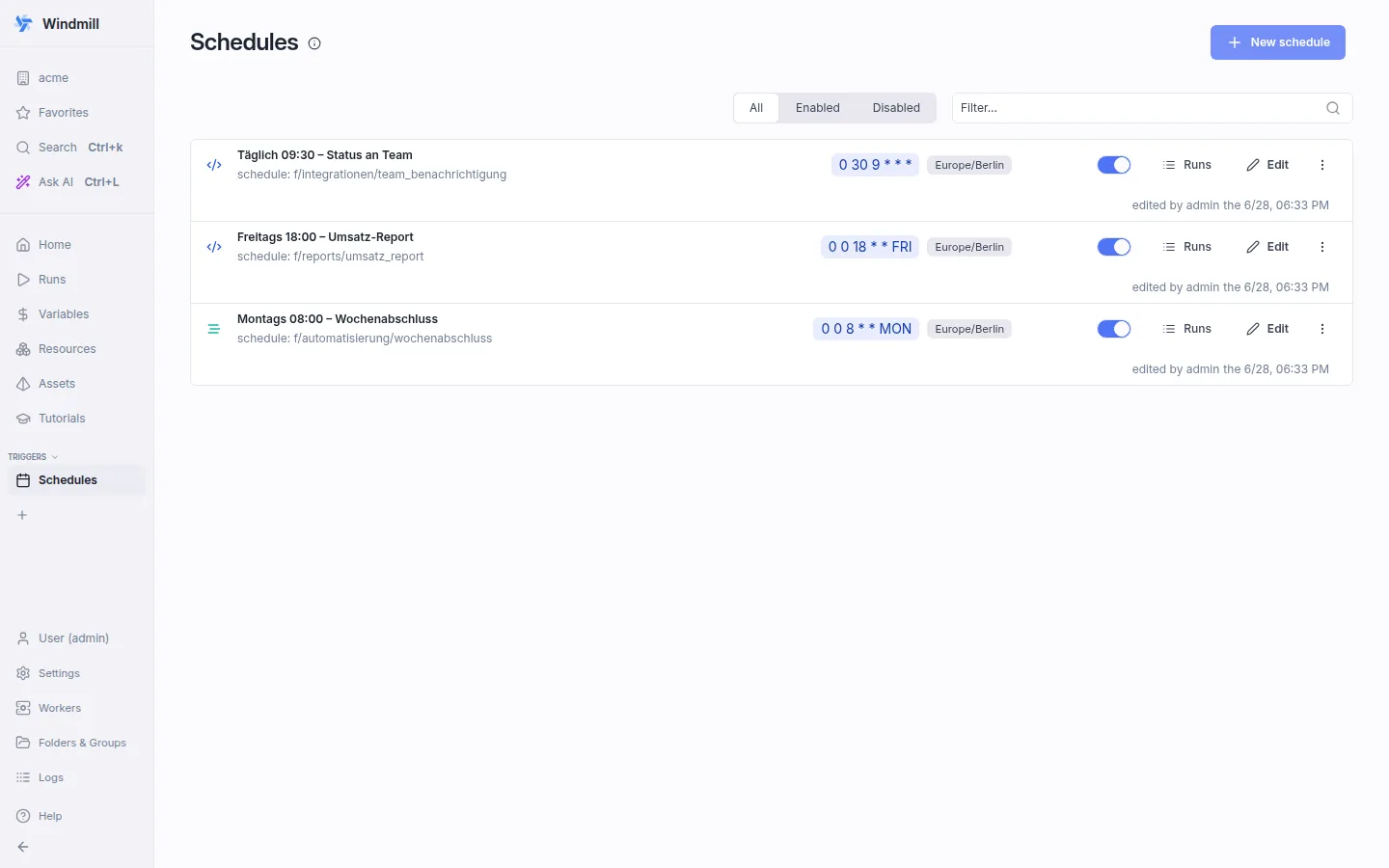Zeitpläne (Cron) für wiederkehrende Workflows